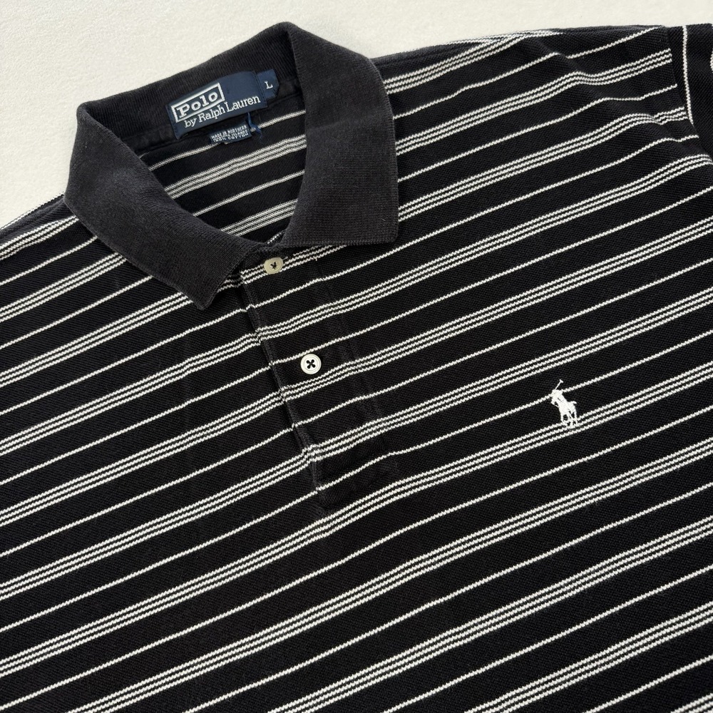 Polo Ralph Lauren Polo Shirt Mens Large Black White Striped‎ Short Sleeve Golf